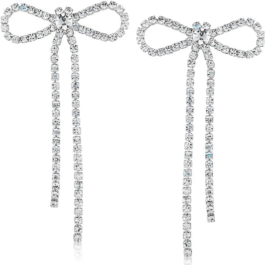 Luzora™ Silver Grace Bow – Statement Dangle Earrings