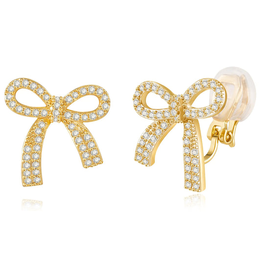 Luzora™ Golden Grace – Sparkling Cubic Zirconia Bow Clip-On Earrings