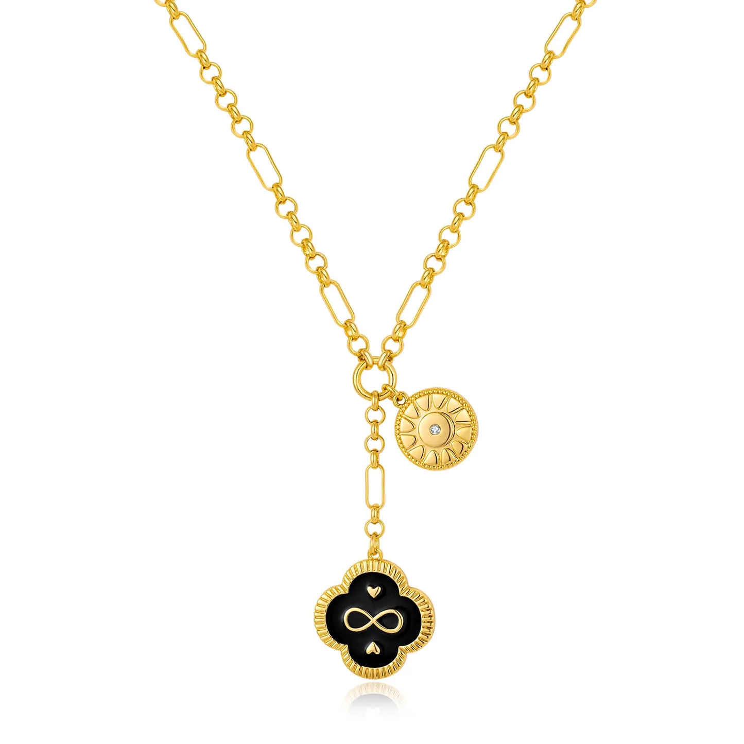 Luzora™ Eternal Bloom – Gold Paperclip Chain with Black Leaf Infinity Pendant