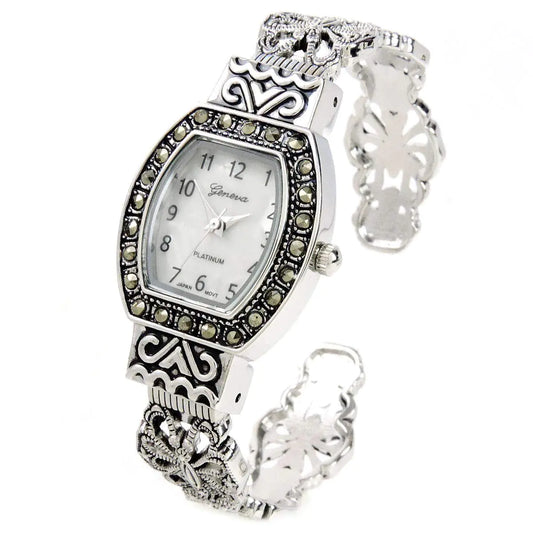 Luzora™ STC Silver & Black Vintage-Style Marcasite Rectangle Face Bangle Cuff Watch for Women