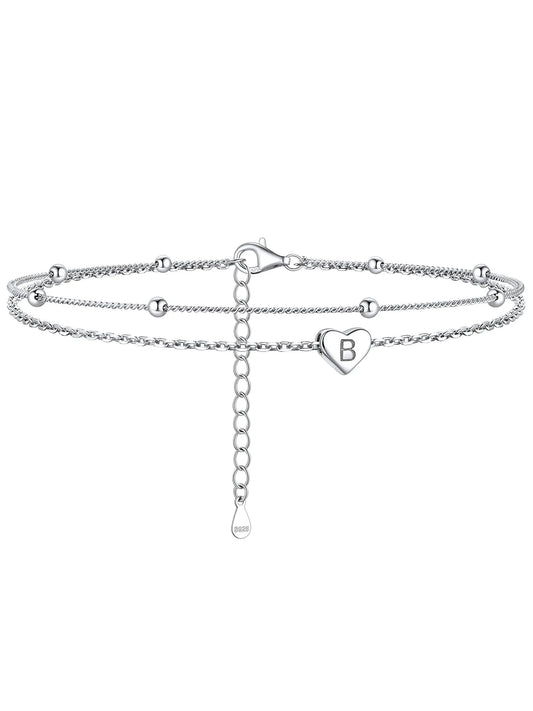 Luzora™ Sterling Silver Beaded Heart Initial Anklet